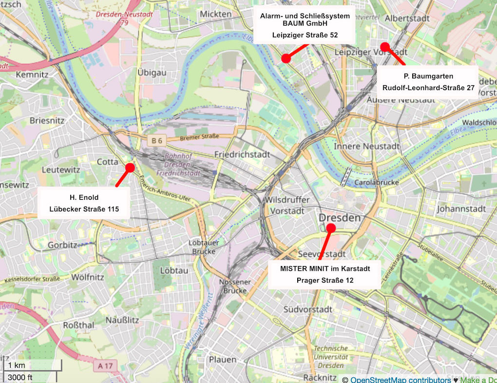 Stadtplan von Dresden mit Geschäften, die Schluessel nachmachen lassen